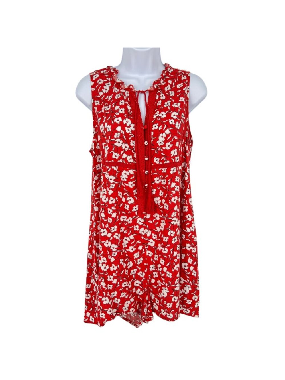 Spiritual Gangster Boho Cottage Red Floral Romper with Tassels Size Small